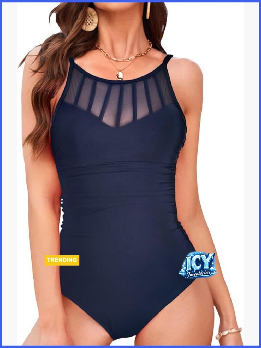 One Piece Swimsuit High Neck Mesh Tummy Control Criss Cross Back Swimwear